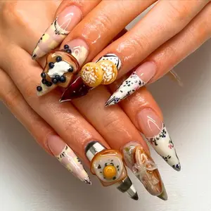 3D Breakfast Food Press On Nails Hand Painted Pancake Egg Kawaii Acrylic Nails Unique Fun Style for Party Gift