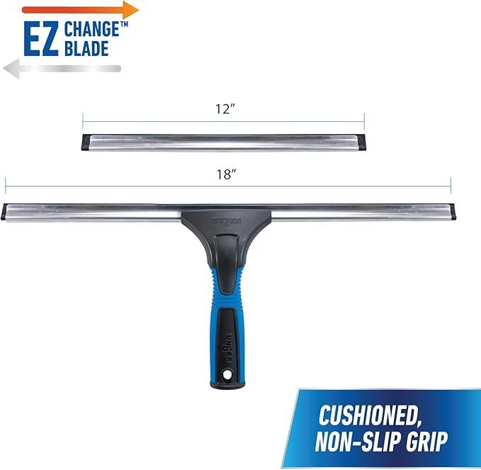 Unger Professional Connect and Clean 18” EZ Change Window Squeegee with Rubber Blade for Streak-Free Results & 12” Channel for Efficient Cleaning