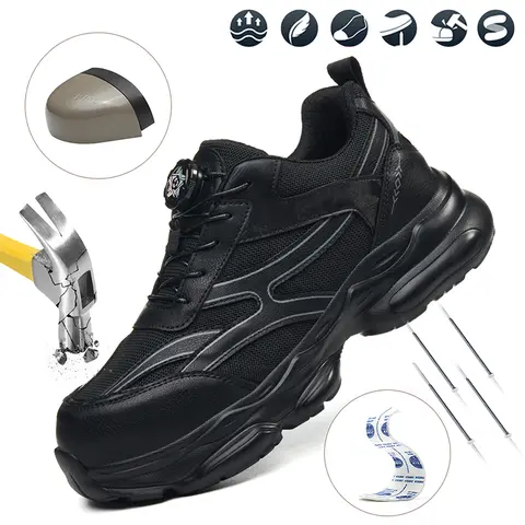 Men’s lightweight steel-toe safety shoes with impact protection, puncture-resistant midsole, and non-slip rubber outsole; breathable knit upper that doesn’t trap heat; comfortable for prolonged standing on worksites and outdoor environments.