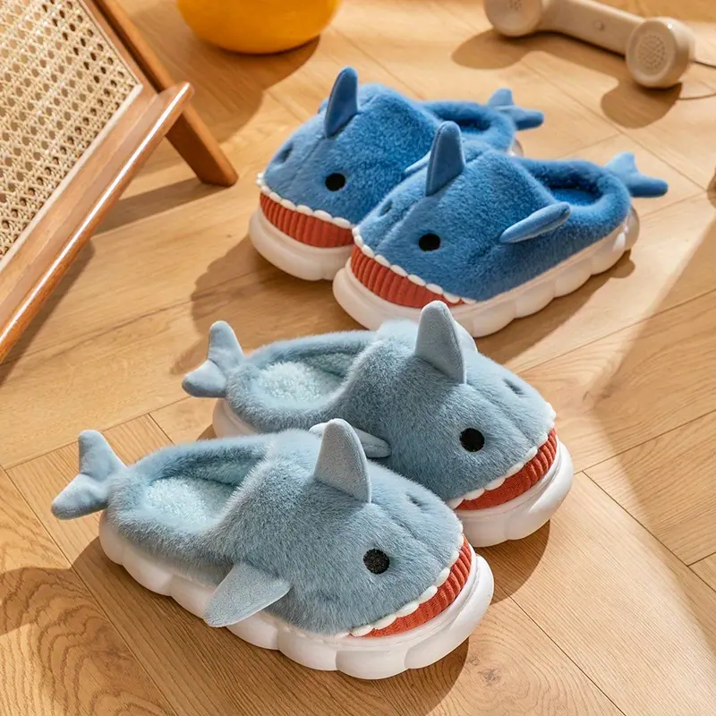 Unisex Cartoon Fluffy Slippers - Cozy Plush Indoor House Shoes with Cute Shark Design, Warm Winter Platform Slippers for Couples, Soft Flannel Upper & EVA Sole, Hand Washable, Winter Slippers |   Playful Design |   Plush Material, Cute Slippers
