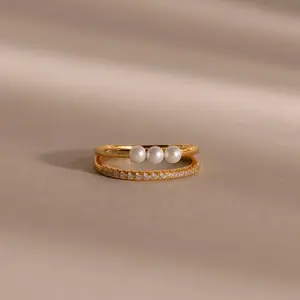 Duo Pave Pearl Ring by Caitlyn Minimalist - Dainty Pearl & Diamond Eternity Ring - Unique Engagement Ring - Pearl Wedding Band - Anniversary Gift for Her
