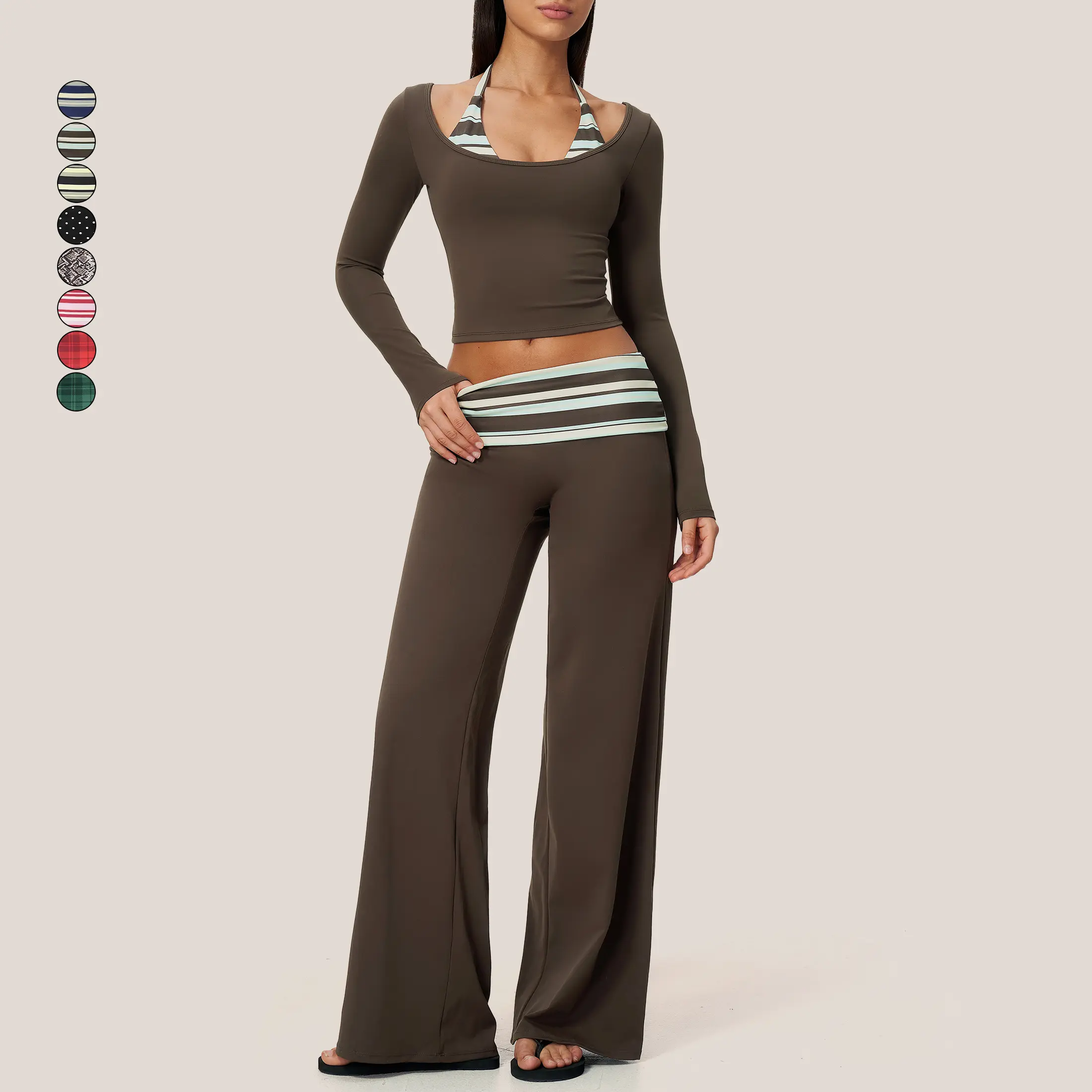 GIAFIRE Women’s Autumn 2-Piece Yoga Sportswear Set - U-neck Paneled Halter Long-Sleeve Top, High-Waisted Wide-Leg Slight Flare Pants, Highly Elastic Soft Breathable Quick-Drying Activewear for Pilates, Outdoor Sport