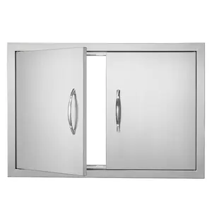 Fathersdaygift  Stainless Steel Flush Mount Hinged Double Outdoor Kitchen Door, 28Wx19H Inch Vertical Wall-Mounted BBQ Access Door with Handles, for BBQ Island, Grilling Station, Hinged Double Doors
