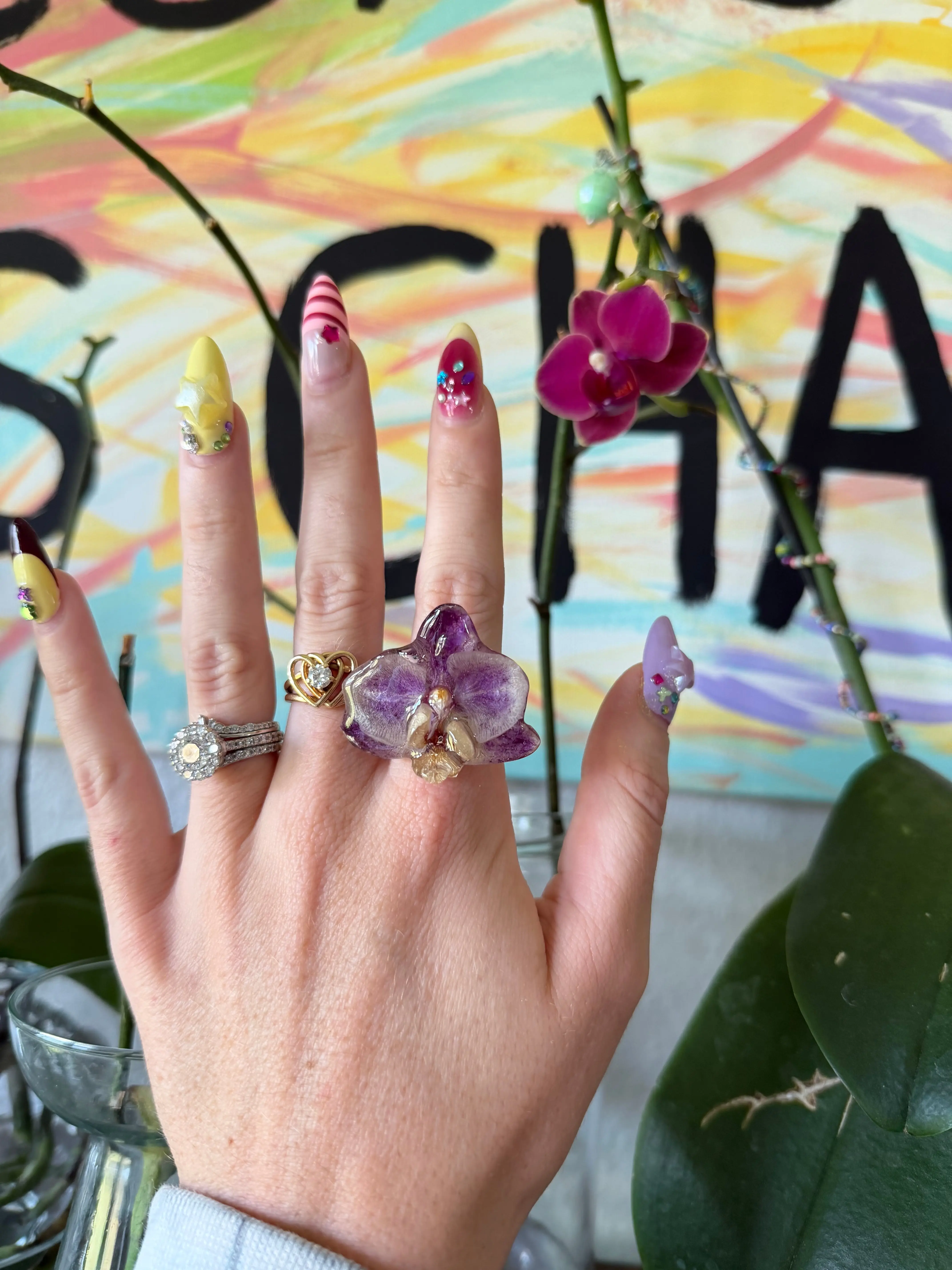 Purple Orchid Bloom on Gold Stainless Steel Adjustable Ring