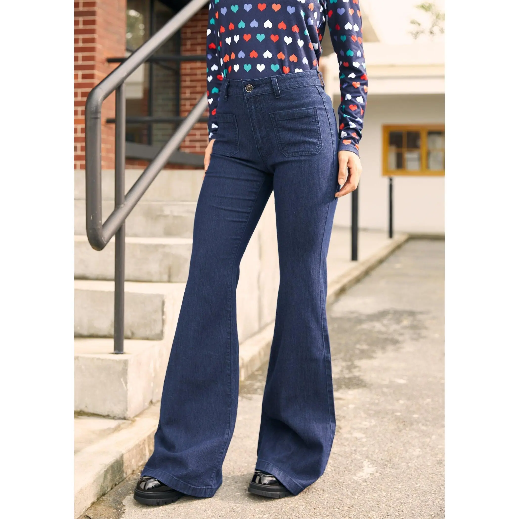 ModCloth Love and Mariner Flared Leg Jeans, 34" Inseam - Dark Wash (0-26W) Blue Stretch Denim