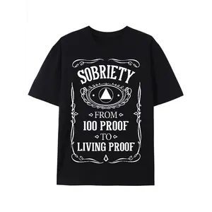 Living Proof Sobriety Anniversary AA NA Recovery T-Shirt - Black with White Sobriety Graphic Design, 100% Proof to Living Proof Arrow & Laurel Motif, Breathable Short Sleeve Casual Tee for Men's Summer Wear