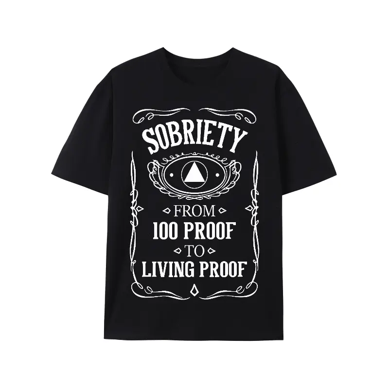 Living Proof Sobriety Anniversary AA NA Recovery T-Shirt - Black with White Sobriety Graphic Design, 100% Proof to Living Proof Arrow & Laurel Motif, Breathable Short Sleeve Casual Tee for Men's Summer Wear