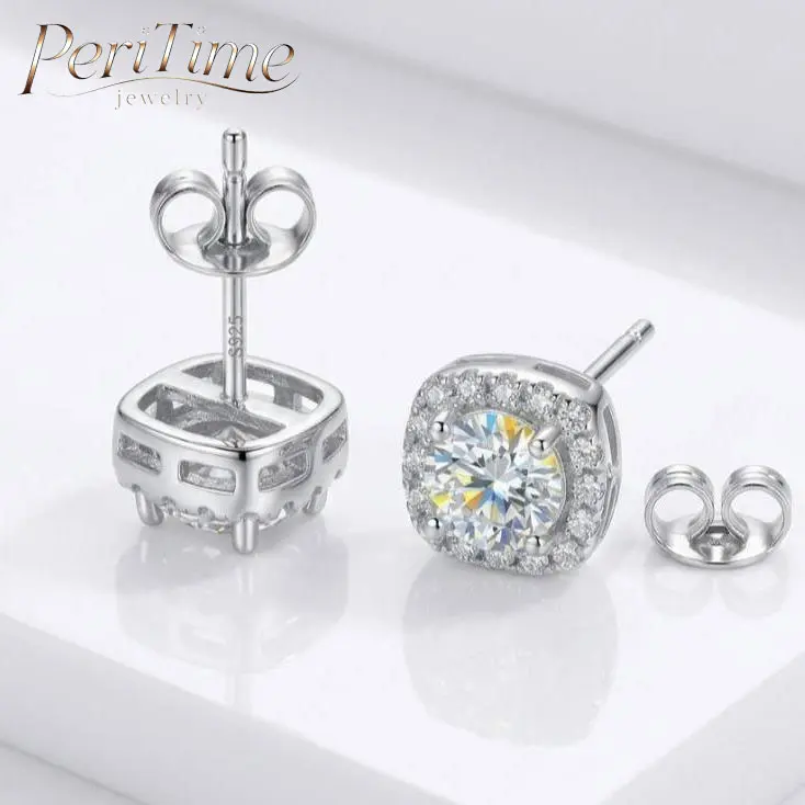 PERITIME 4 Sizes Square Halo Stud Earrings | 0.3/0.5/1/2CT Round brilliant cut Earrings, for Daily Wear, Prom, Wedding, Bridal, Anniversary, Valentine's Day, Birthday, Holiday & Formal Occasions