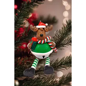 Christmas Ornament - Glossy Gingerbread Reindeer with Dangling Legs and Bell. Wizardi Festive Decoration F07-N2-15-SBB004C