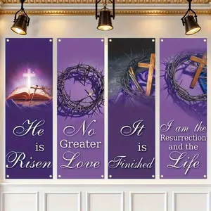 Easter Theme Backdrop Banner, 4 Counts/set Easter Church Banner, Wall Decor for Church Sanctuary Walls, Celebrations, Gifts, and Home Wall Decorations, Ornaments
