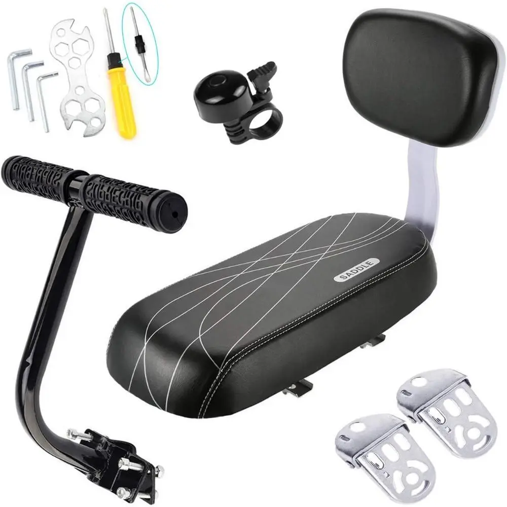 Child's Rear Cycling Carrier, PU Leather Padded Cushion and Support, Steel Safety Handrail and Foldable Pedals, Comfortable Outdoor Accessory with Bell, Bike Gear