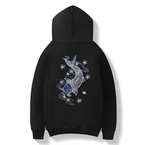 Kh9015 Niepce Japanese Streetwear Embroidered Blue Koi Hoodie