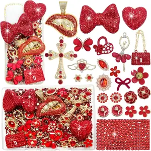 Junk Case Charms Kit,Red Junks Phone Cases,Large Charm Kit with 3D Rhinestone Cool teeth / lips / Bows / Chain Bags / Cross,Gold Bedazzling Kits Can Be Used in DIY Phone Case Designs,Big Charms for Customizing DIY Cases,Flatback Rhinestone for Customizing