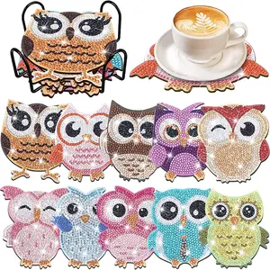 10pcs/set DIY Owls Diamond Art Coasters with Holder, Crystal Rhinestone Diamond Painting Coasters for Drinks, Size 3.94inch/10cm Wooden Desktop Art Coasters, Suitable for Home Office Coffee Shop Restaurant Cup Decoration, Great Christmas Gifts for Friends