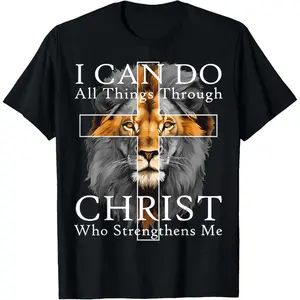 Inspirational Bible Verse Featuring a Powerful Lion and Cross Cotton T-Shirt