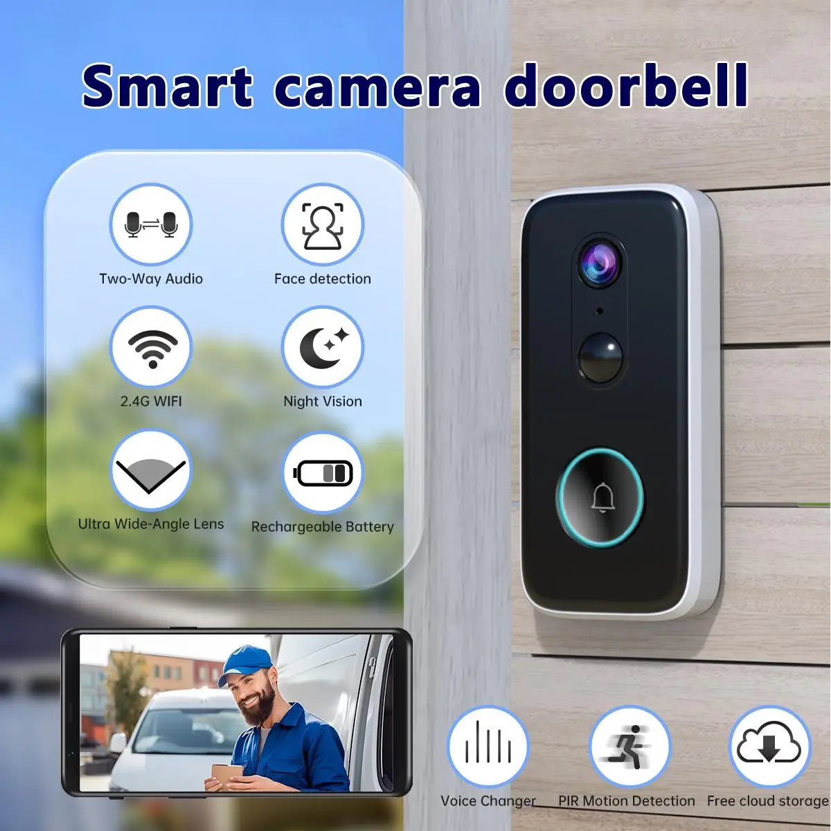【Free Cloud Storage】JOOAN 2K Doorbell Camera, 2.4G WiFi Smart Wireless Charging Camera, Supports: Human Detection, Motion Detection, Two-Way Audio, Ni