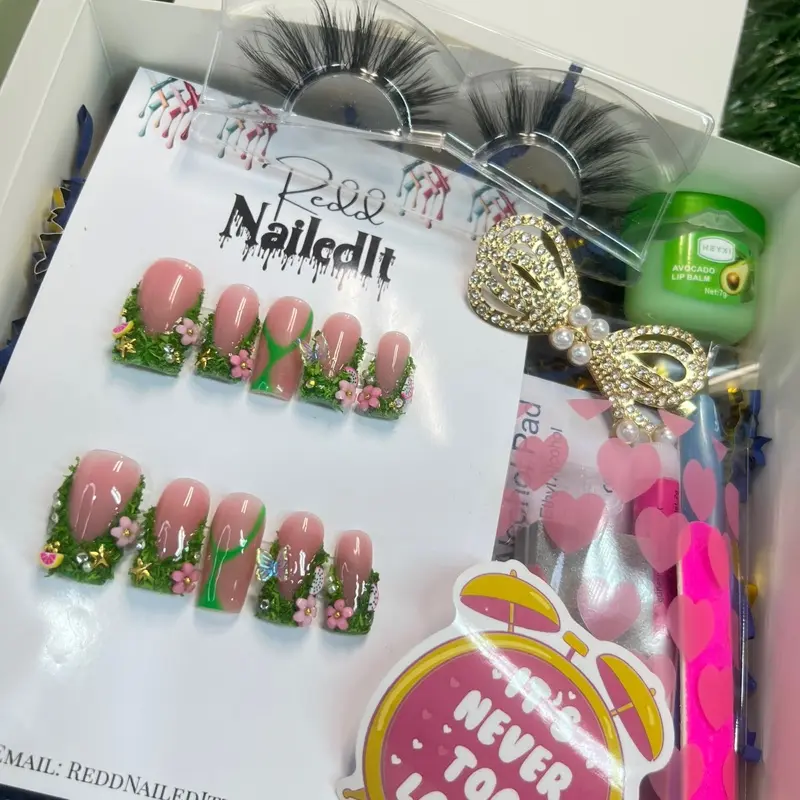 ReddNailedIt Grass Flower Press Ons - Redd Nail Art with Glossy Finish, Long-Lasting Nail Polish Alternative Handmade Rhinestone Glam Pink Medium Square