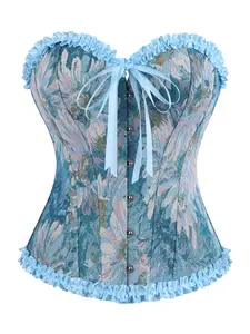 Women's Vintage Court Style Bodycon Corset, Elegant Floral Jacquard Bone Support Shapewear, Lace Trim Front Button Back Tie Top, Corset Tops