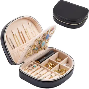 Lolalet Black Travel Size Jewelry Box, Small Portable Seashell-Shaped Jewelry Case, 2 Layer Mini Jewelry Organizer in PU Leather, Earring Necklace Bracelet Ring Holder Box for Women Girl Cushion Lightweight