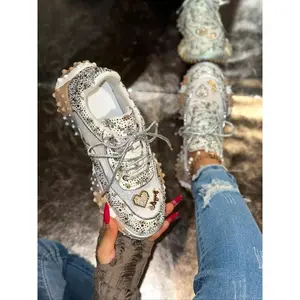 Women's Breathable Mesh Sneakers, Casual Summer Shoes with Rhinestones, Lightweight Textile Upper, Rubber Sole, Spring & Fall Footwear