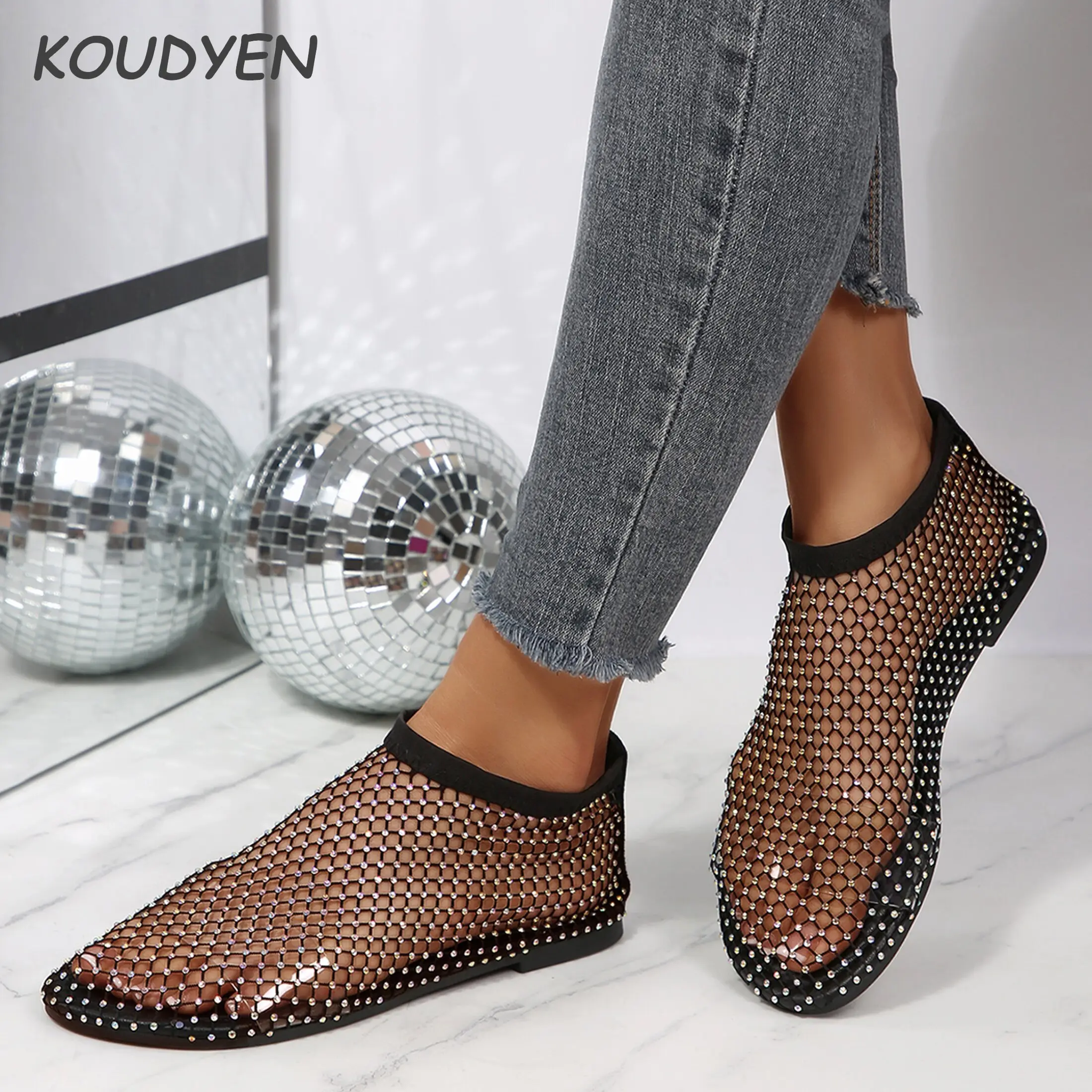 Comfortable Shiny Gem Mesh Flats, Ballet Flats for Women Sandals Women Dressy Summer Flat Shoes Slip On Sandals