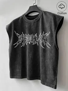 Men's Loose Fit Brooklyn Metal Wind Vest, Sleeveless, Graphic Print, Washed Details, High-Quality Soft Cotton Fabric, Street Style, Summer Casual Wear, Aesthetic