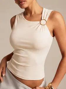 Women Chic Asymmetrical Tank Top Ribbed Sleeveless Activewear Shirt Metal Ring Detail Slim Fit Top Outdoor Athleisure Streetwear Workout Wardrobe