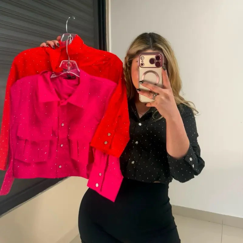 Kim's Crop Rhinestone Top - Button Up Top