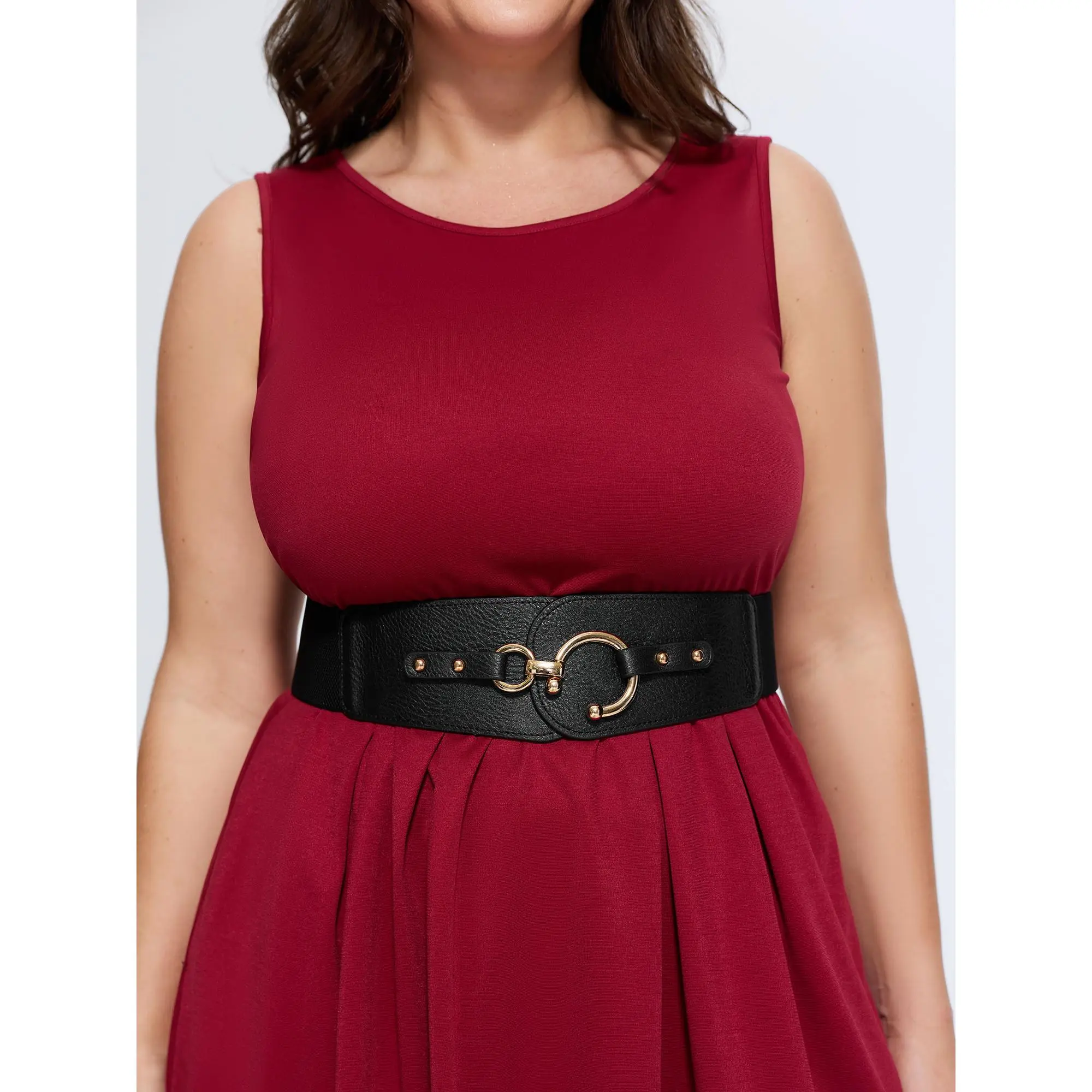 BLOOMCHIC Plus Size Gold Circle Buckle Elastic Wide Belt[M-6X] Summerfinds