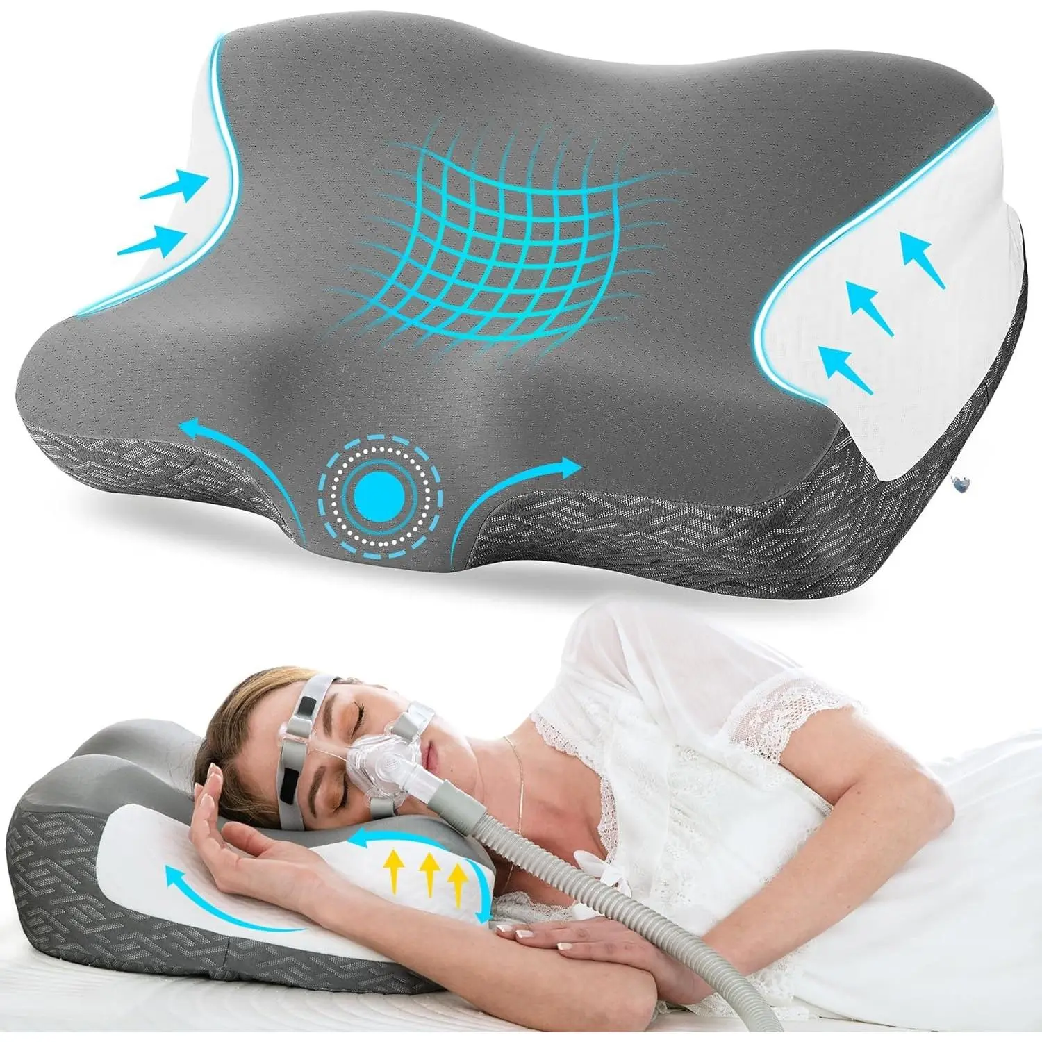 Pillow for  , CPAP Pillow for Side,  &  Sleepers,   Pillow for CPAP Users to Reduce Air Leaks and Mask , Dark Grey