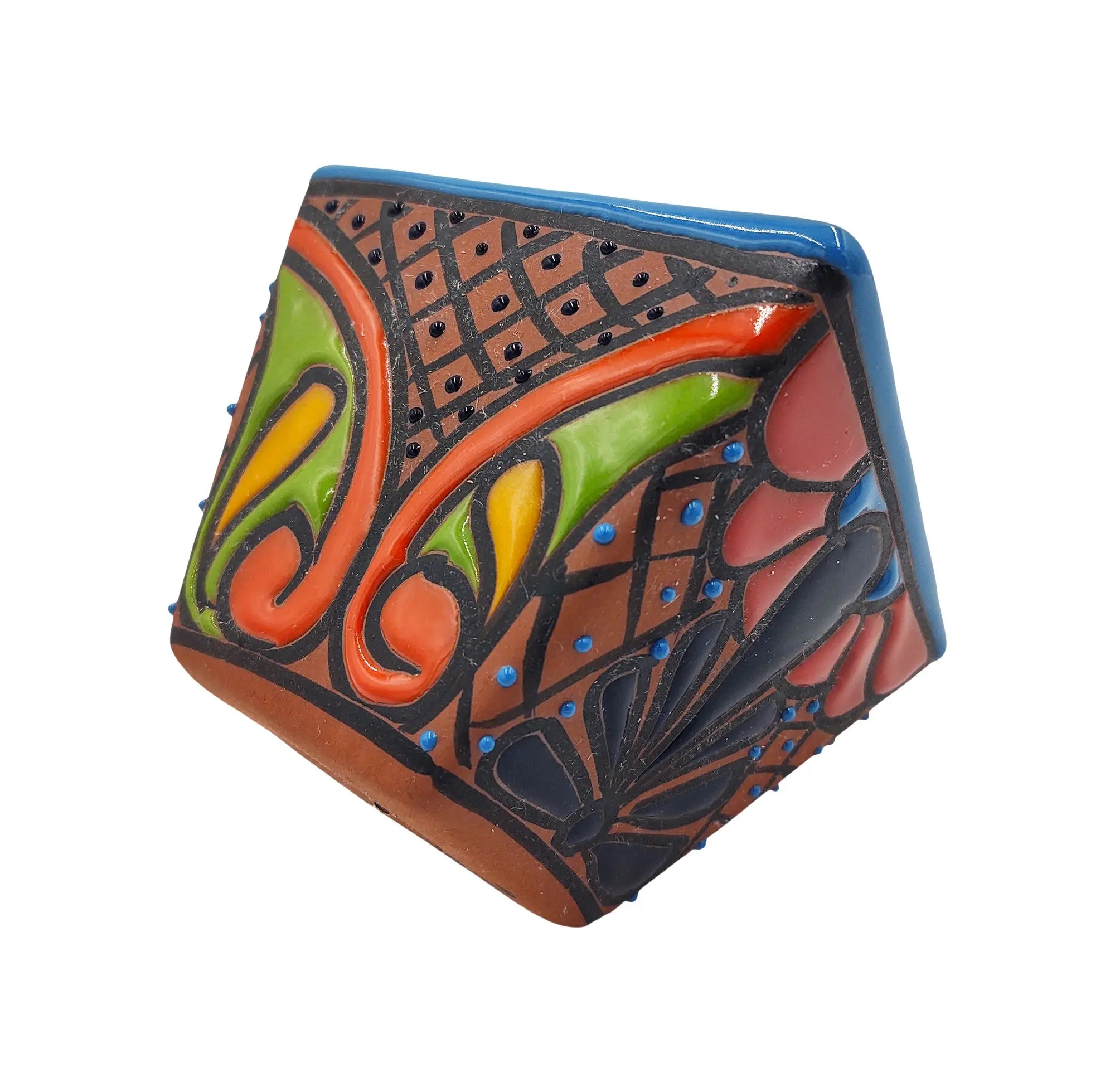 Mexican Terracotta Small Talavera "Cuadrito" Planter Hand Painted - Light Blue Trim