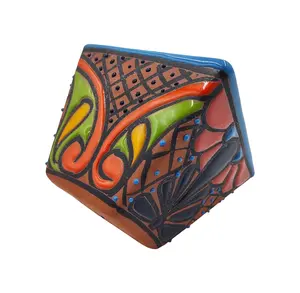 Mexican Terracotta Small Talavera "Cuadrito" Planter Hand Painted - Light Blue Trim