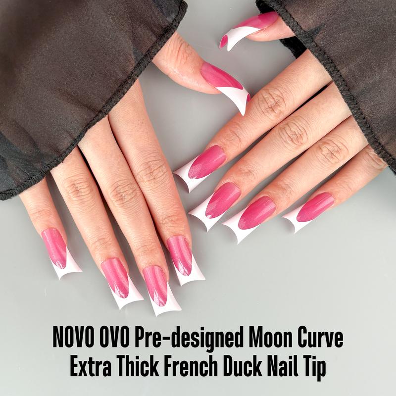 NOVO OVO Duck Nail White French Tips Press On ROSE PINK with Glitter, Full Cover Acrylic with Moon Curve, Medium Thick Pre-Etched Flare Wide Soft Gel False Nail Extension x 15 Sizes 150 pcs【NO GLUE ,TOP COATAND LAMP INCLUDED】