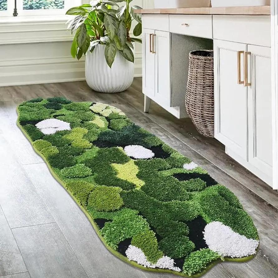 Green Moss Pattern Bath Mat, 1 Count Non-slip Absorbent Shower Mat, Bathroom Rug, Boho Aesthetic Decorative Carpet for Home Bathroom Dormitory Hotel Salon, Bathroom Drying Doormat, Bath Mat For Tub Non Slip, Nonslip Bathroom Rugs, Bathroom Mats Non Slip