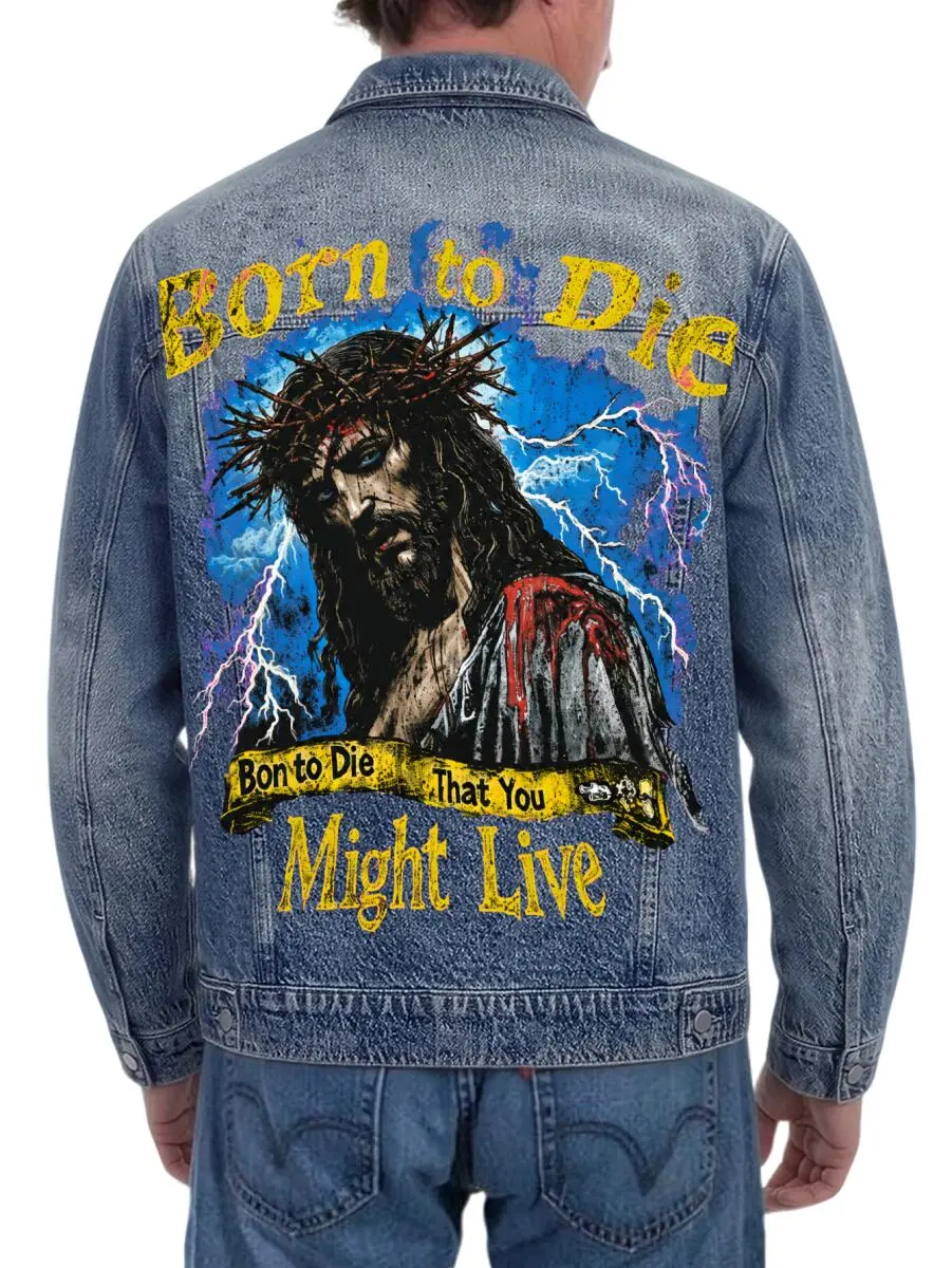 Denim Jacket With Religious Figure And Lightning Graphic Relaxed Cut Outerwear For Rock And Street Outfits