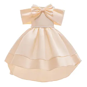 Girls Party Dress Off Shoulder Solid Color Front Bow Dress One Piece Piano Performance Dress For 100-150 Kids ZT-4077