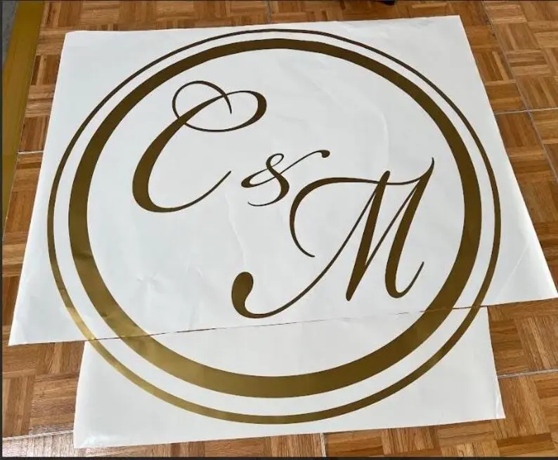 Custom Gold Chrome Dance Floor Decal Wrap Die-Cut Removable Vinyl with Transfer Tape Monogram Logo Sticker for Wedding Cricut Design Glossy White Finish Personalized Text & Logo