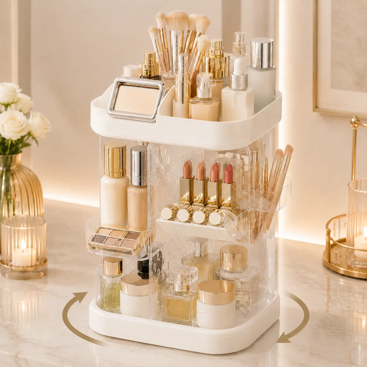 360 Degree Rotating Makeup Organizer, Multi Layer Clear Acrylic Cosmetic Storage Shelf, Large Capacity Desktop Skincare Lipstick Brush Holder for Vanity Bathroom Bedroom