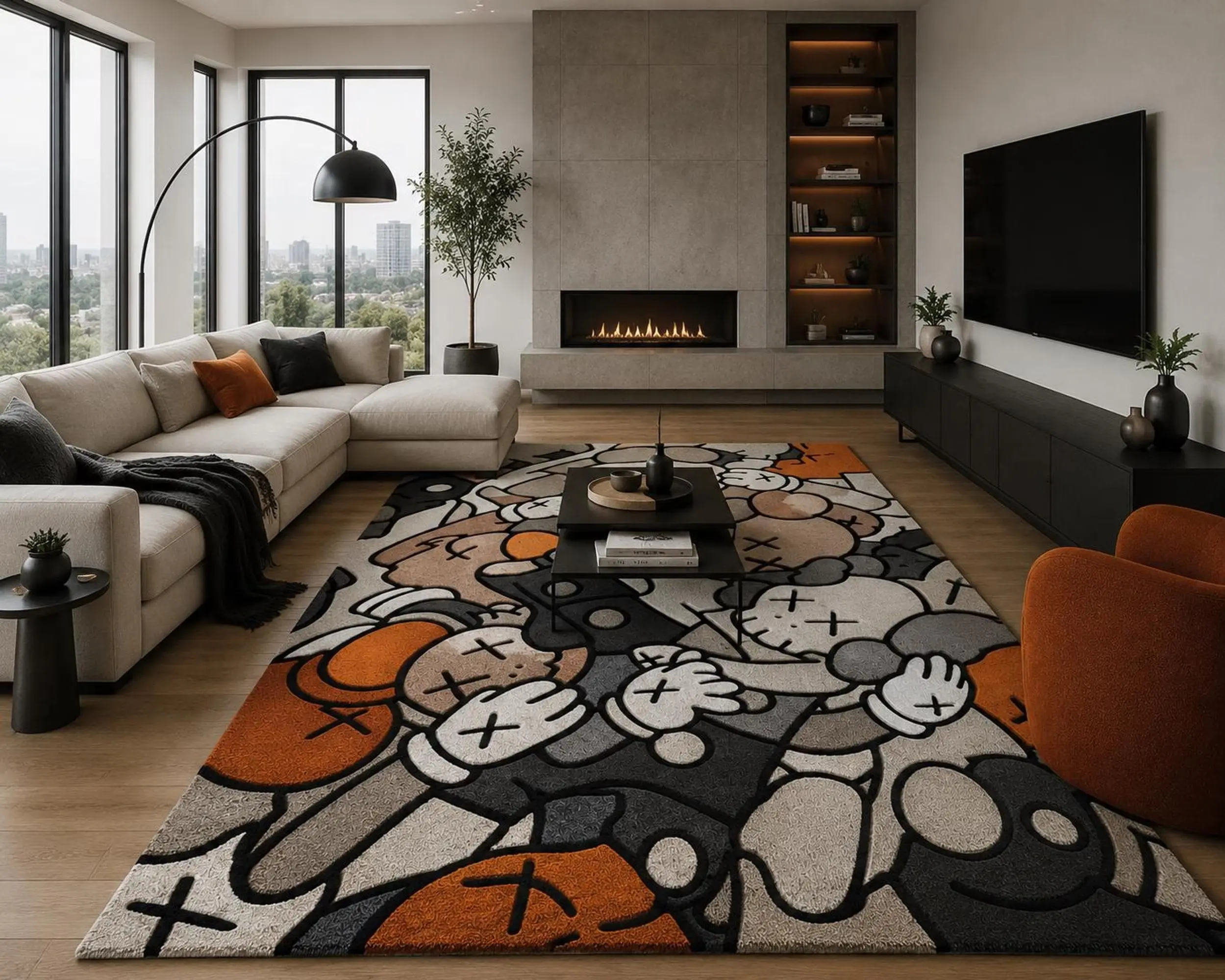 Large KAWS Inspired Hand Tufted Wool Rug, Modern Abstract Grey Black Cream Area Rug, Luxury Hypebeast Home Decor