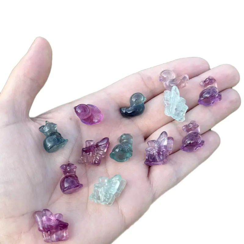 Ultra Mini Natural Fluorite Rainbow Natural Stone Carvings - Carved Forms, Animal Shapes (Duck, Kitten), Fairy Figurines for Jewelry Accessories, Decorations, Emotional Balance
