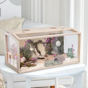 23.6-inch wooden hamster cage, with ample space, a hinged top for easy access, made of transparent acrylic for observation, with good airflow and ventilation, easy to clean, suitable for Syrian hamsters, dwarf hamsters, and other small pet hamsters.