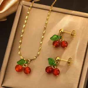 3pcs Cherry Jewelry Set in Stainless Steel - Cute & Classic Red and Green Cherry Pendant Necklace and Earrings, Ideal for Women's Anniversary, Birthday, or Valentine's Day Celebrations, Cherry Themed Items gifts3