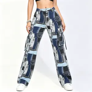 Women's Stretchy Multi-Pocket Patchwork Cargo Jeans - Straight Leg Fitted Maxi Bottoms, Edgy Statement Streetwear, Womenswear