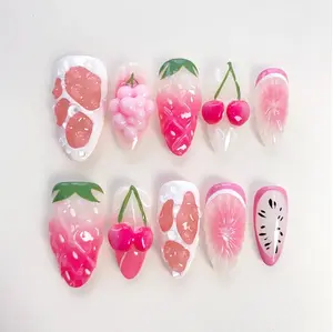 3D Cherry pink press on nails short almond nails/3D strawberry nails/Cute nails/Fairycorn Nails/Summer/Holiday/Pink nails Satamiis