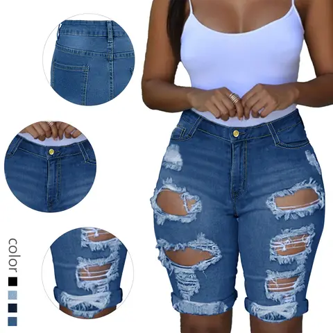 High Waisted Ripped Denim Bermuda Shorts for Women – Stretch Distressed Jean Shorts, Frayed Raw Hem, Slim Fit Street Style