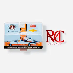 M2 Machines Chase 1:64 Mijo Exclusives Auto-Haulers 1973 Chevrolet C30 Wedge Truck & 1978 Chevrolet Silverado 10 Bedless Gulf