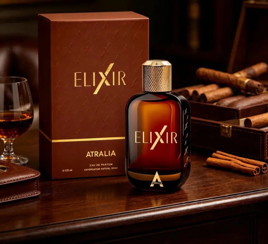 Viral Luxury Elixir Designer Dupe Mens Cologne Atralia Elixir 100ml EDP Gold Grid Metal Cap Thick Amber Bottle All-Day Strong Sillage Woody Perfume Ready Upscale Gift Packaging