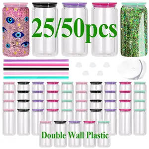 25/50PCS 16 oz Double Wall Plastic Snow Globe Tumbler with Lid & Straw for Cold Drinks and Snow Globe Glitter DIY Gift Waterbottletumbler Drinkware snow globe glitter diy