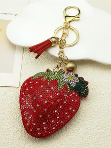 Fresh Red Strawberry Fruit Bag Keyring For Women Men Rhinestone Tassel Female Fashion Bag Decoration Hanging Keychain, Bag Charm Keychain, Keychain For Bags