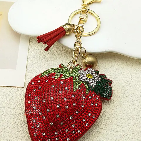 Fresh Red Strawberry Fruit Bag Keyring For Women Men Rhinestone Tassel Female Fashion Bag Decoration Hanging Keychain, Bag Charm Keychain, Keychain For Bags, Stylish Keychain, Trendy Cute Keychain, Aesthetic Keychain
